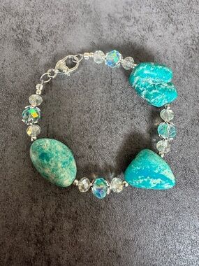 Handmade Turquoise Amazonite Stone and Crystal Beaded Bracelet